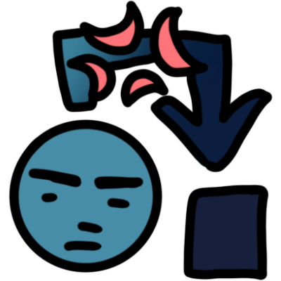 a pale blue face frowning slightly. an arrow goes from it to a dark blue square, the arrow transforming from light blue to dark blue under a red 'anger' shape consisting of four red arcs facing each other.